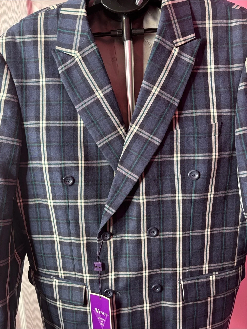NWT Vinci Zegna Blue Plaid Double Breasted Blazer Sport Coat 44R